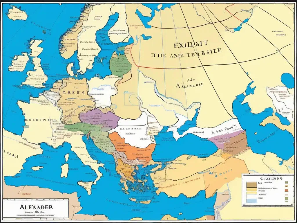 Influencia cultural de Alejandro Magno en un antiguo mapa detallado que muestra su vasto imperio y las rutas de sus ejércitos