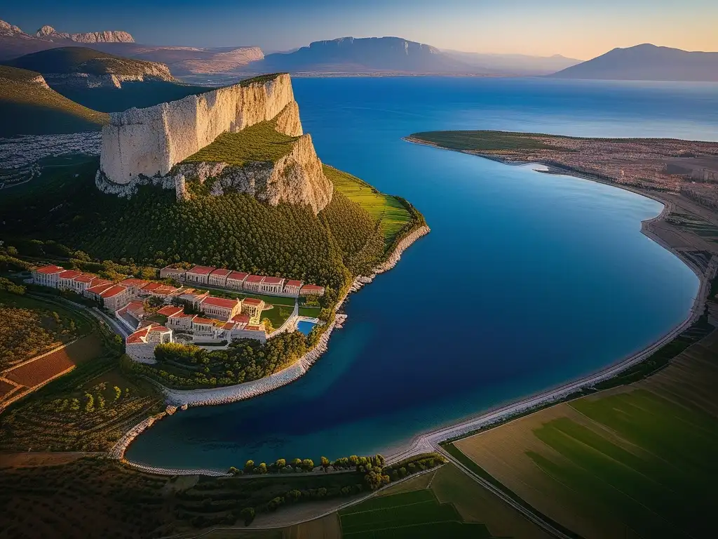 Importancia de Corinto en la Antigua Grecia: Ciudad antigua bañada en luz dorada, entre montañas verdes, con el mar de fondo