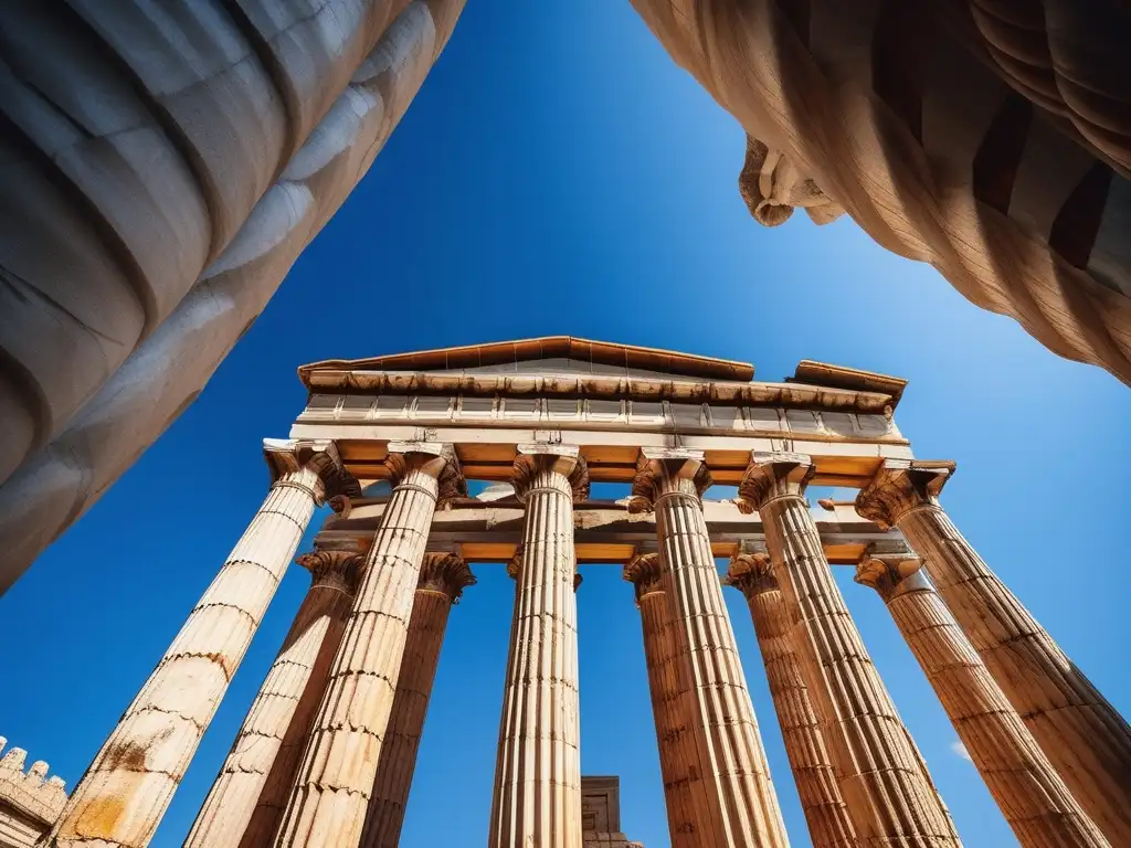 Arquitectura del Templo de Zeus en Olimpia, majestuoso contra el cielo azul, con columnas talladas y detalles mitológicos