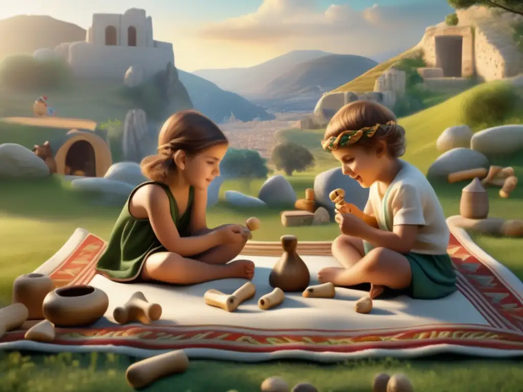 Juguetes y juegos de la infancia en la Antigua Grecia: escena fotorealista evocadora de nostalgia y maravilla