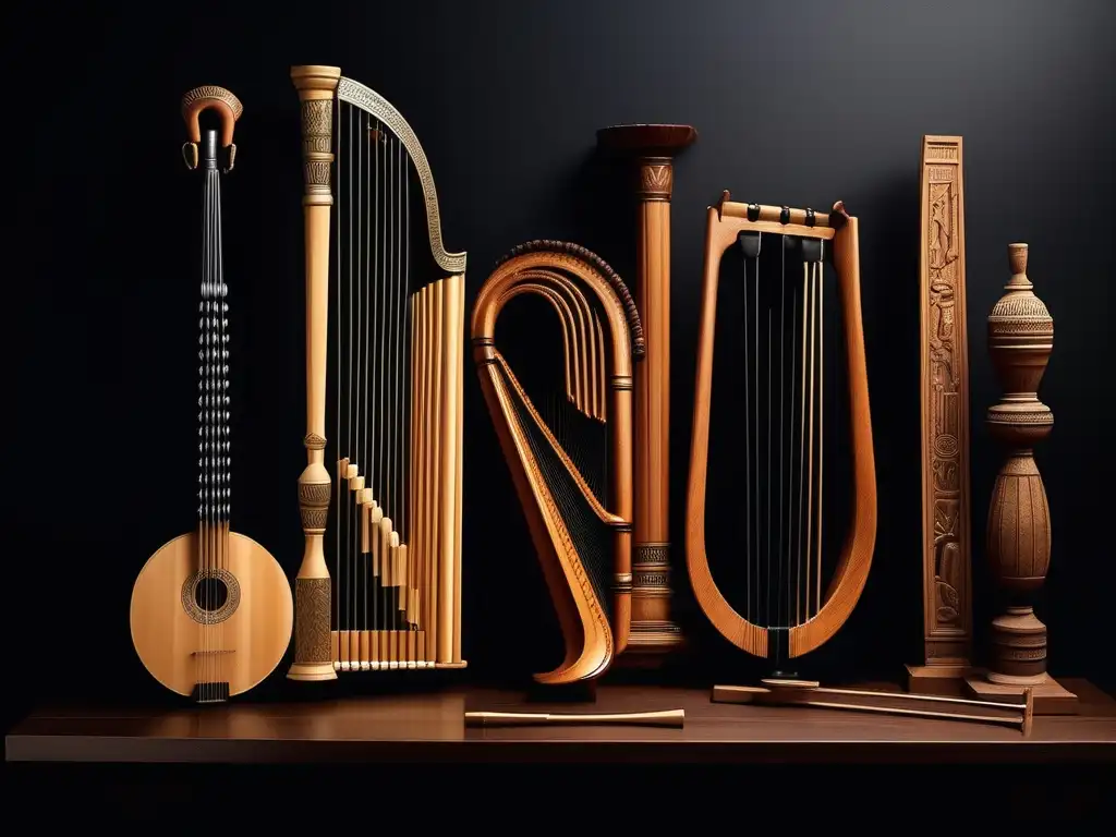 Instrumentos musicales de la Antigua Grecia en mesa de madera