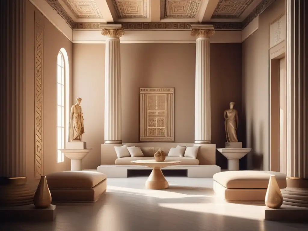 Interior elegante de casa griega Decoración en hogares antiguos griegos: una imagen fotorealista y minimalista de un interior de una casa griega antigua