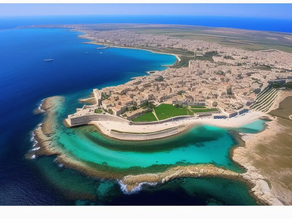 Influencia de la Antigua Grecia en Tiro, impresionante isla mediterránea con aguas turquesas, muros antiguos y barco en el mar