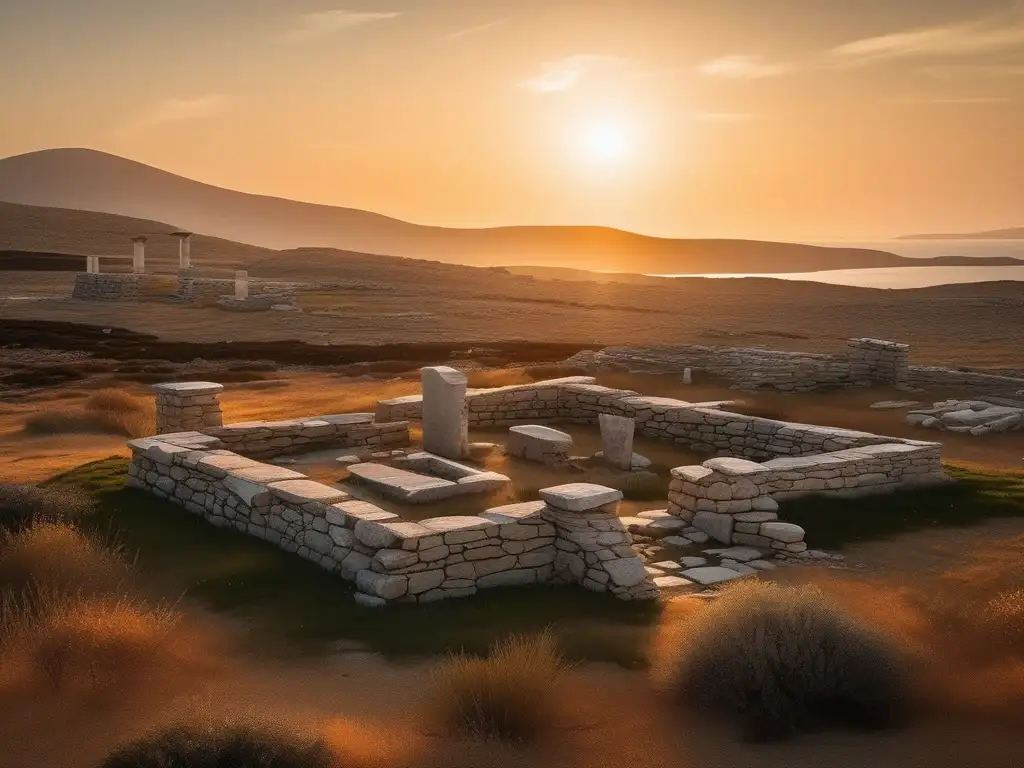 Peculiaridad política de Delos en la Antigua Grecia durante el atardecer en una imagen realista de la isla con ruinas y un barco silueteado en el mar