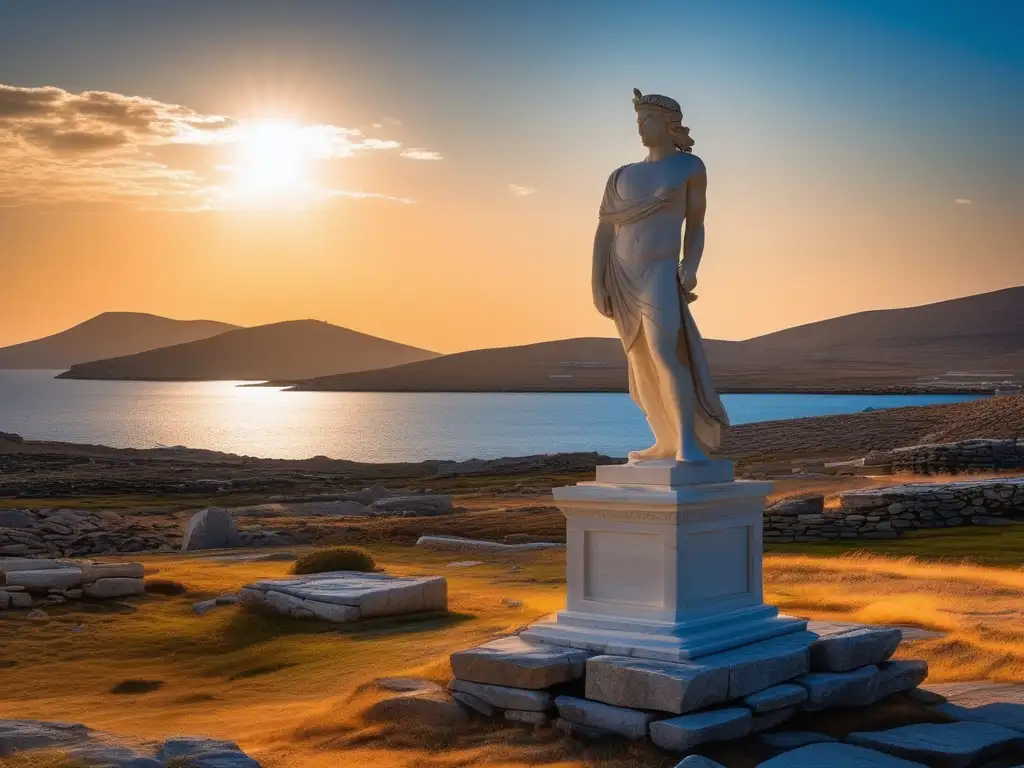 Rituales y creencias antiguas de Delos: imagen detallada de la isla con el atardecer, estatua de Apolo y Artemis, campos de trigo dorado