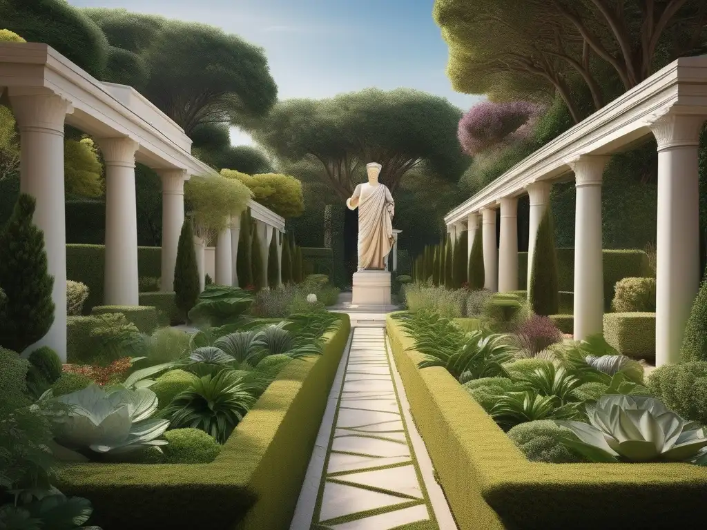 Jardín botánico ilustrado con plantas exóticas, camino central, estatua de Dioscórides