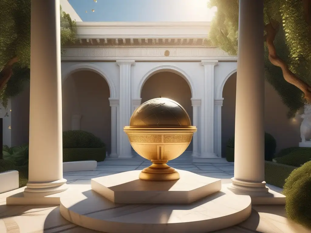 Courtyard griego con columnas de mármol, verde exuberante y globo celeste antiguo: Enseñanza de la astronomía en la Antigua Grecia