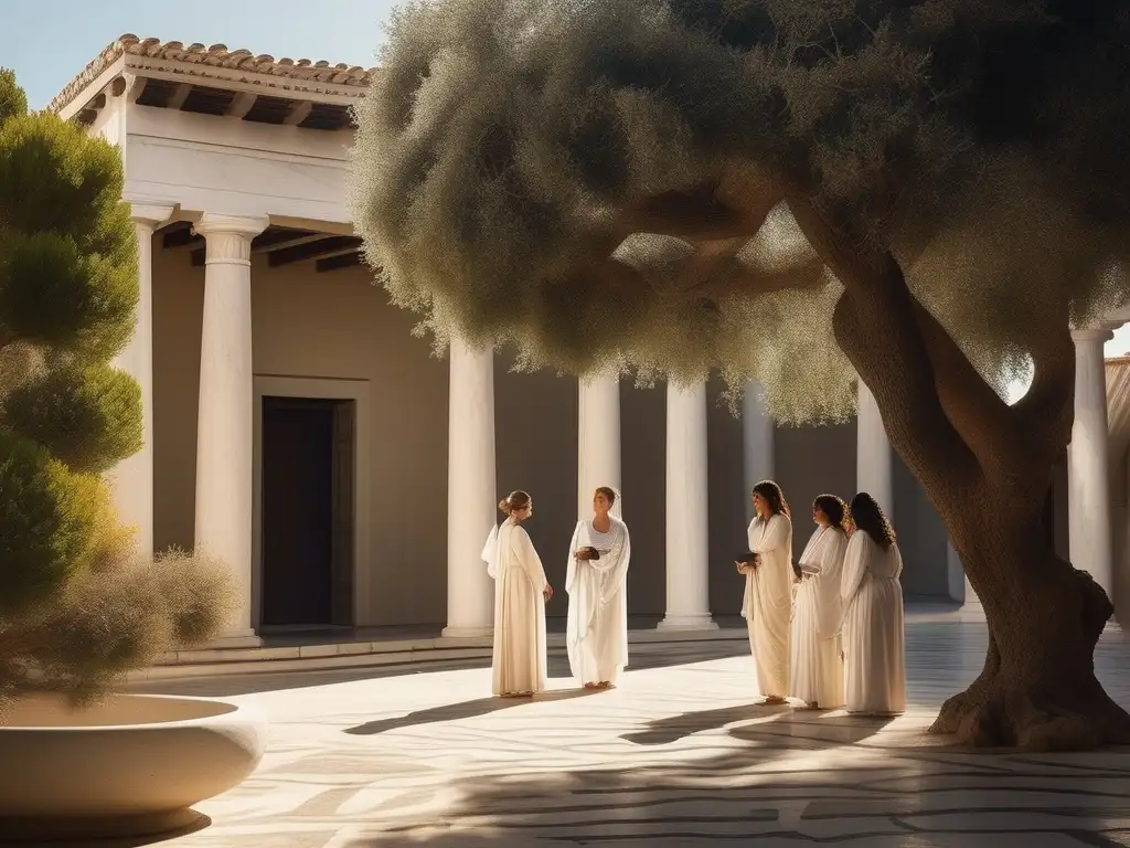 Mujeres filósofas en Grecia clásica discuten bajo un olivo en un sereno patio griego rodeado de columnas