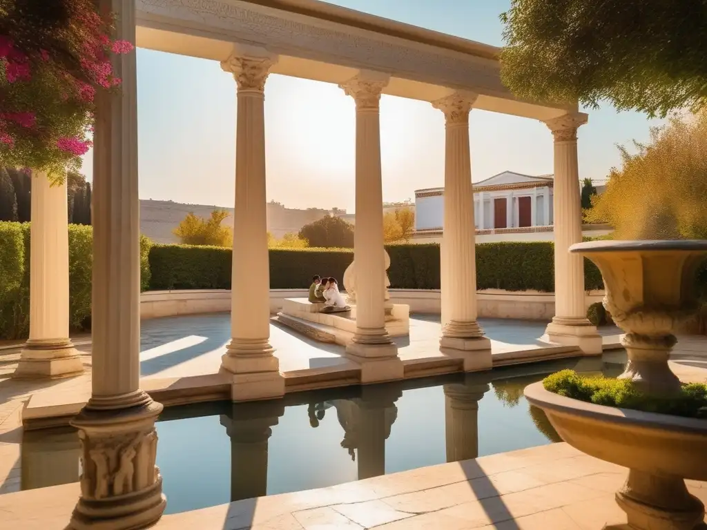 Pareja leyendo poesía amorosa en Grecia antigua en un hermoso patio griego con estatuas y columna de mármol