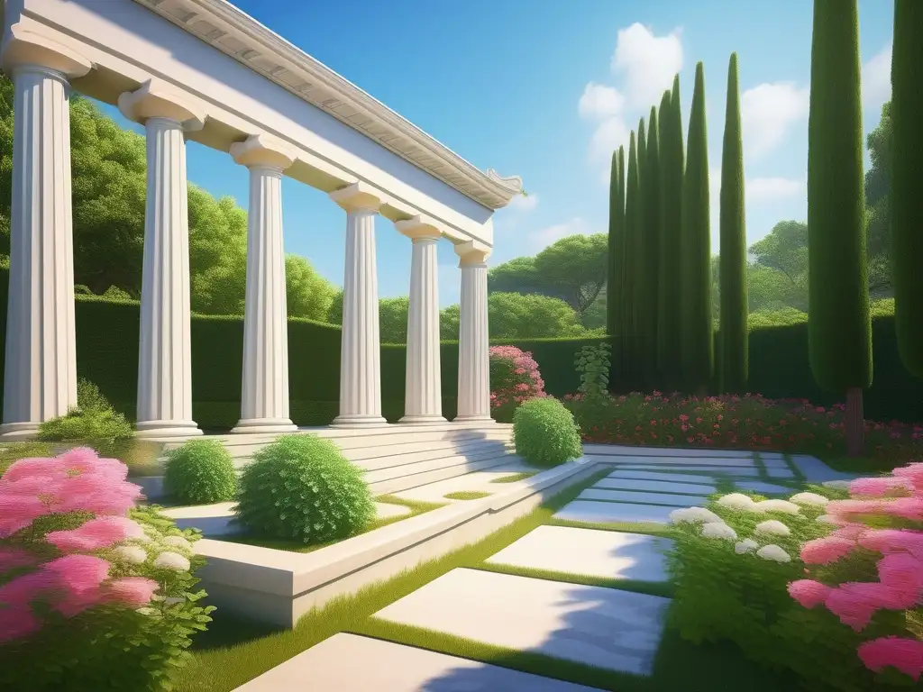 Paisaje sereno y minimalista con jardín, columnas griegas y armonía natural