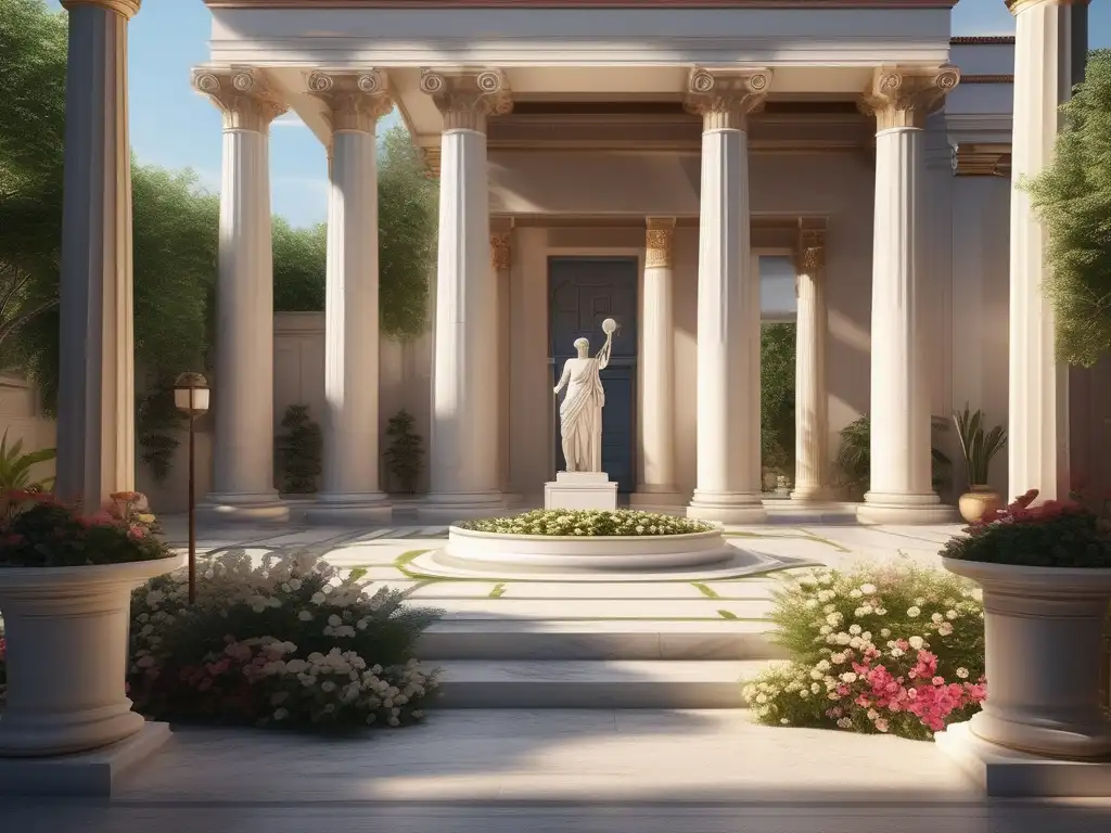 Influencia de la Antigua Grecia: serena imagen de un patio griego con columnas, estatua de Atenea, naturaleza y luz