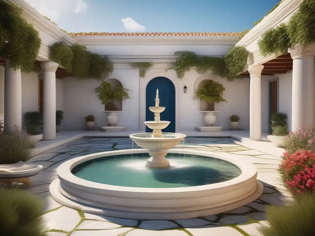 Courtyard griego sereno, fuente de mármol, amor y sexualidad en la Antigua Grecia