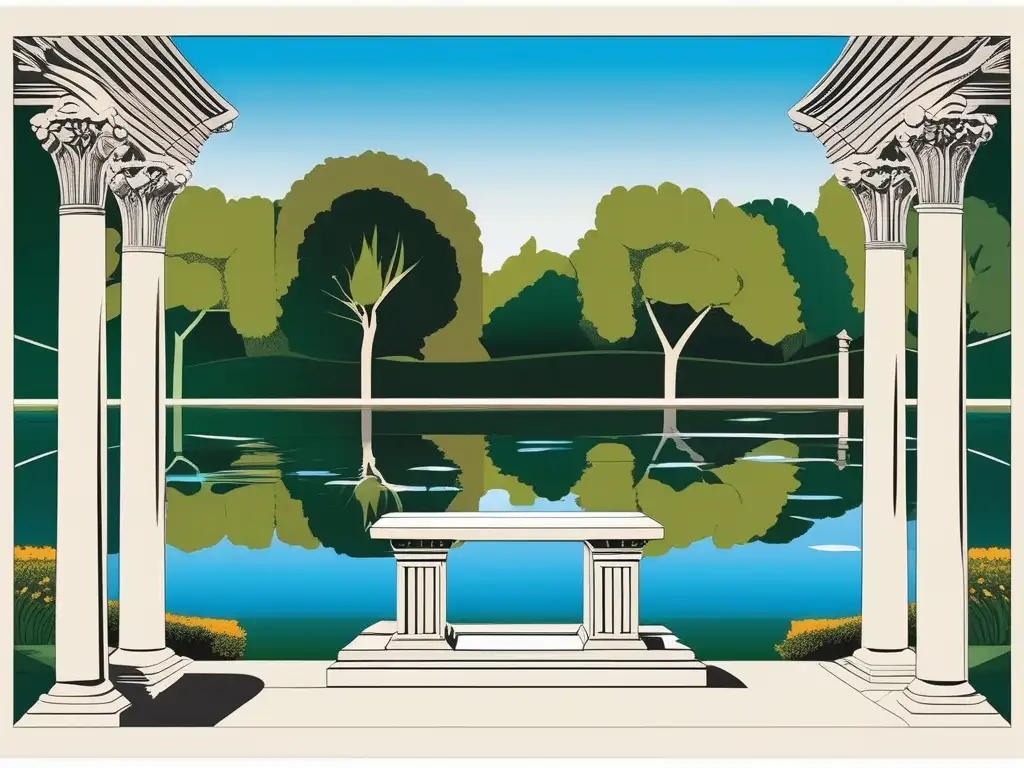 Influencia helenística en política: escena serena y minimalista en un jardín con arquitectura griega antigua, banco de piedra y estanque tranquilo
