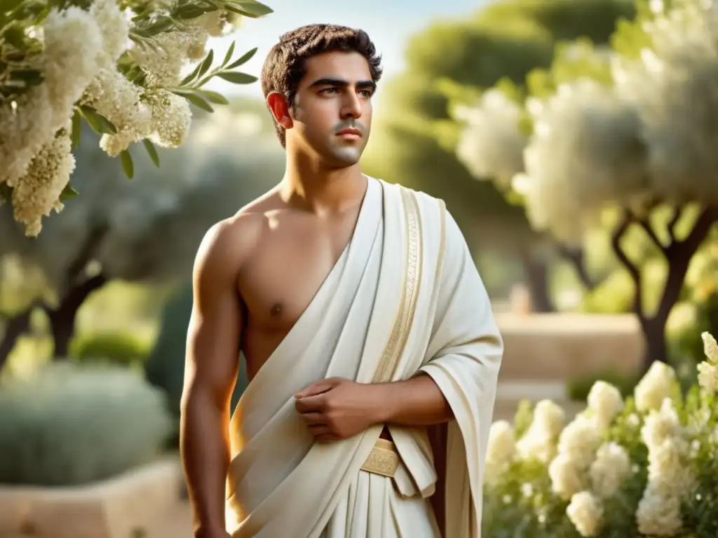 Vestimenta infantil en la Antigua Grecia: joven niño con toga tradicional en un jardín sereno rodeado de flores y olivos