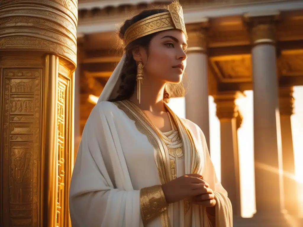 Encantamientos mágicos en Grecia antigua: imagen de una sacerdotisa ante un templo ornamentado, vestida con túnicas blancas con patrones dorados