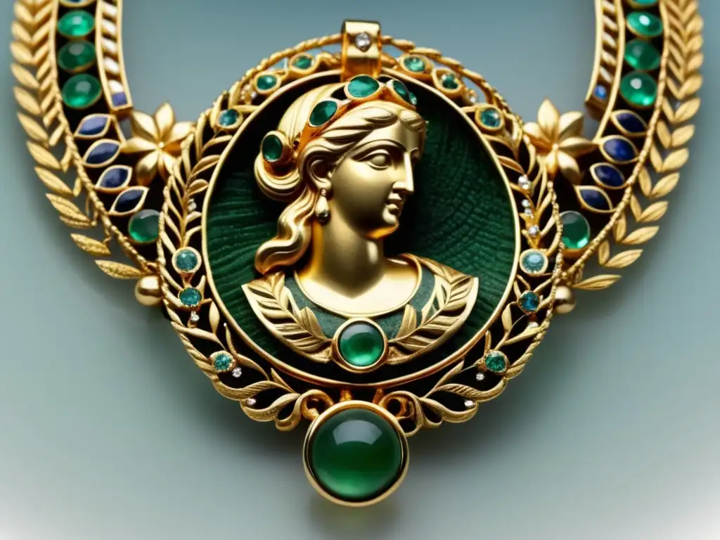 Adornos griegos antiguos: joya delicada de oro con filigranas, colgante de diosa griega con gemas incrustadas en fondo azul