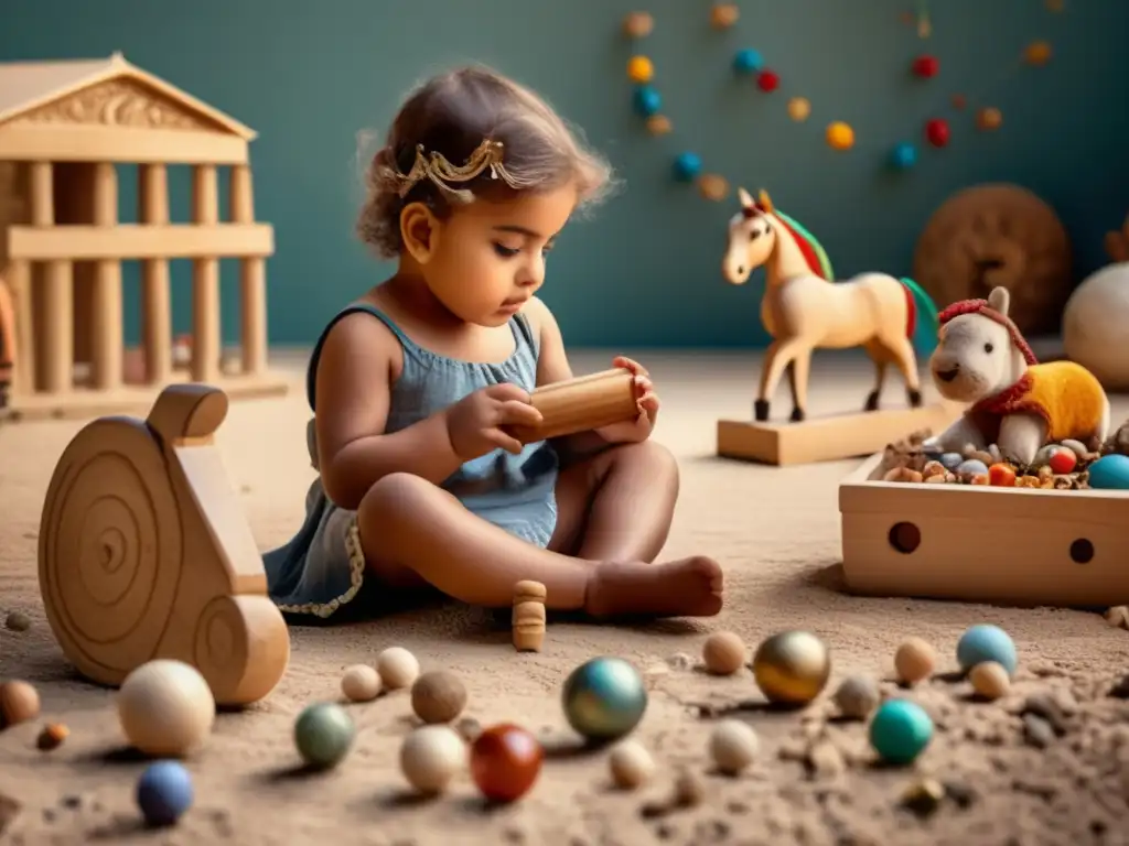 Juguetes y juegos de la infancia en la Antigua Grecia: niño jugando con muñeca de madera rodeado de otros juguetes y una pared con frescos