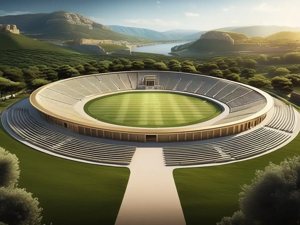 Juegos funerarios en Grecia: Esencia histórica y cultural, con atletas compitiendo en un estadio antiguo rodeado de colinas verdes