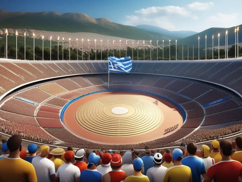 Participación extranjeros Juegos Olímpicos Grecia: escena impresionante muestra estadio, montañas majestuosas y atletas de distintas naciones