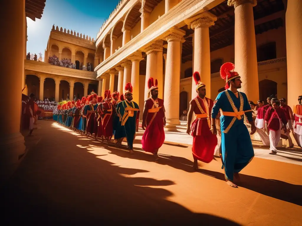 Juegos Panatenaicos: Historia y significado, procesión de atletas hacia majestuoso templo en un paisaje sereno