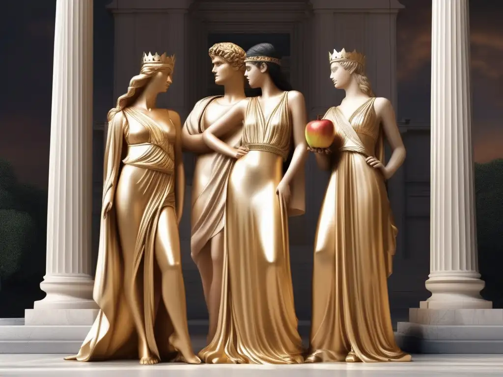 Influencia del Juicio de París en la mitología griega: Paris sosteniendo la manzana dorada rodeado de las diosas Athena, Hera y Aphrodite en el escenario de Mount Olympus