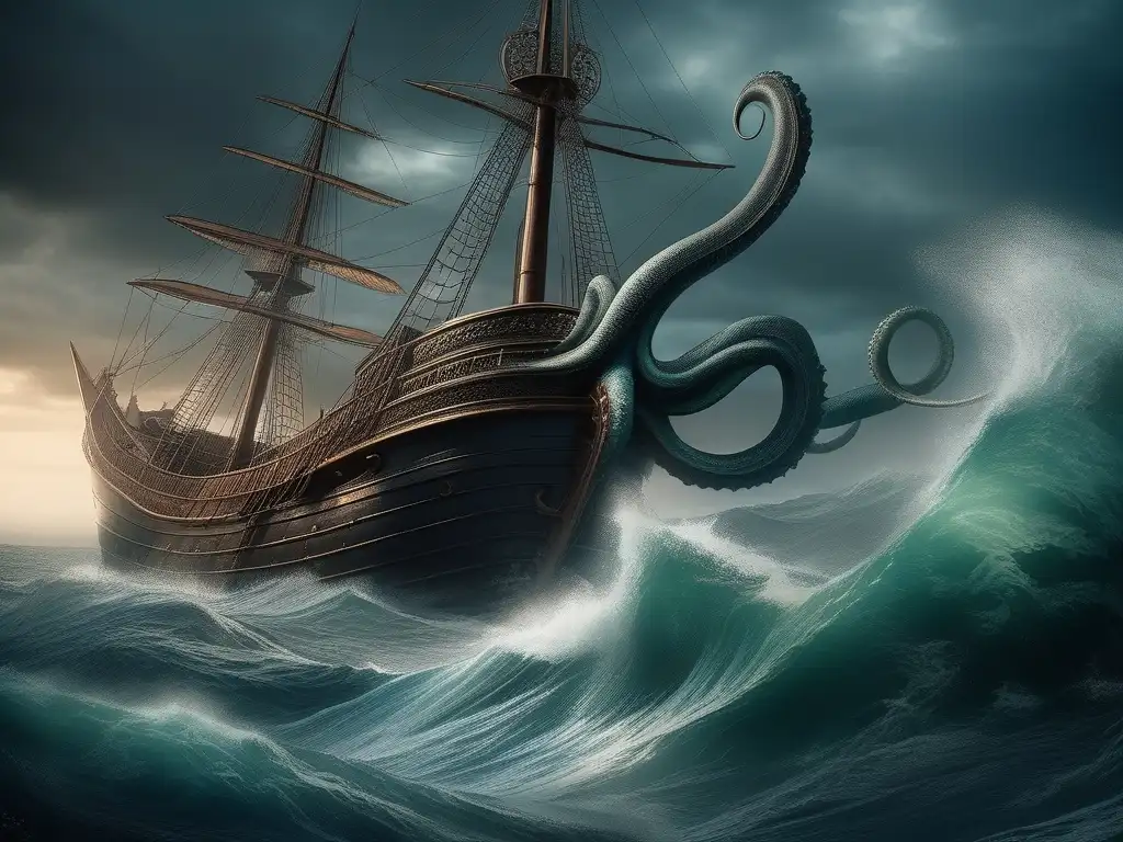 Criatura marina mitología griega: Kraken emergiendo del mar, tentáculos enormes y aspecto aterrador en escena oceánica oscura y tormentosa