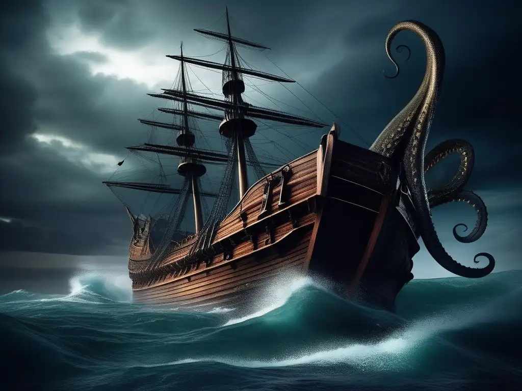 Monstruo marino Kraken, tormenta nocturna, barco antiguo, escamas, poder y misterio