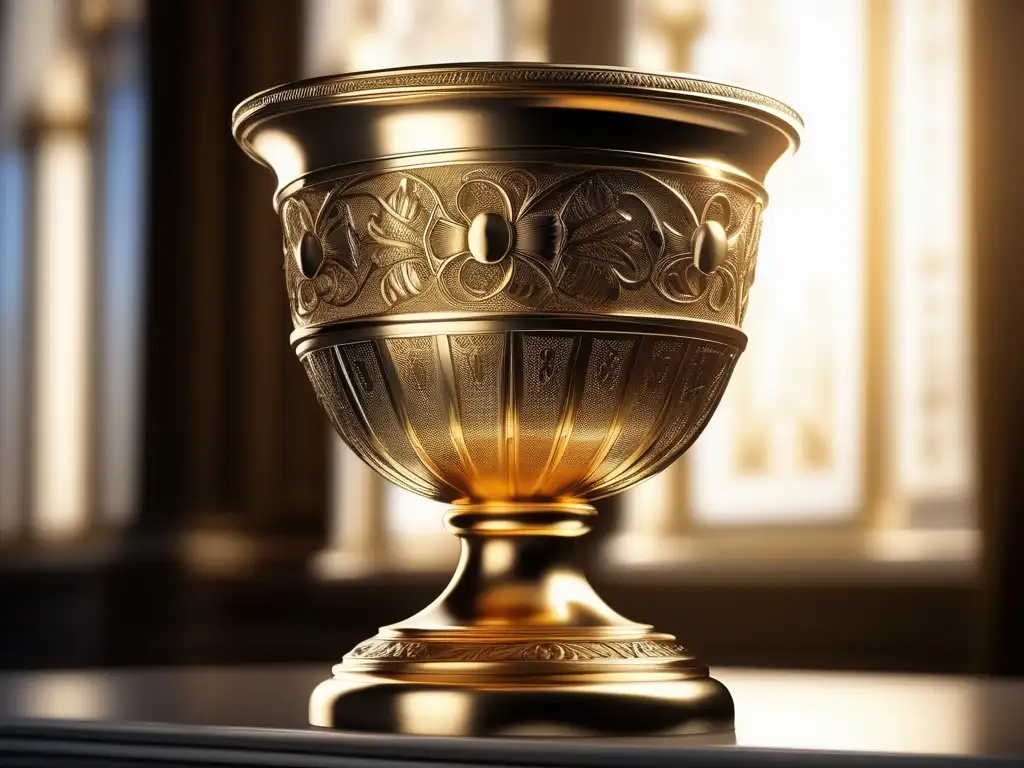 Bebida sagrada mística Antigua Grecia: Chalice dorado con engravings y filigranas, en pedestal de mármol, iluminado por luz solar