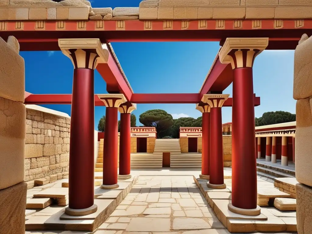 Influencia de Creta en la guerra minoica: Fotorealista imagen de Knossos, palacio con arquitectura Minoica y frescos coloridos