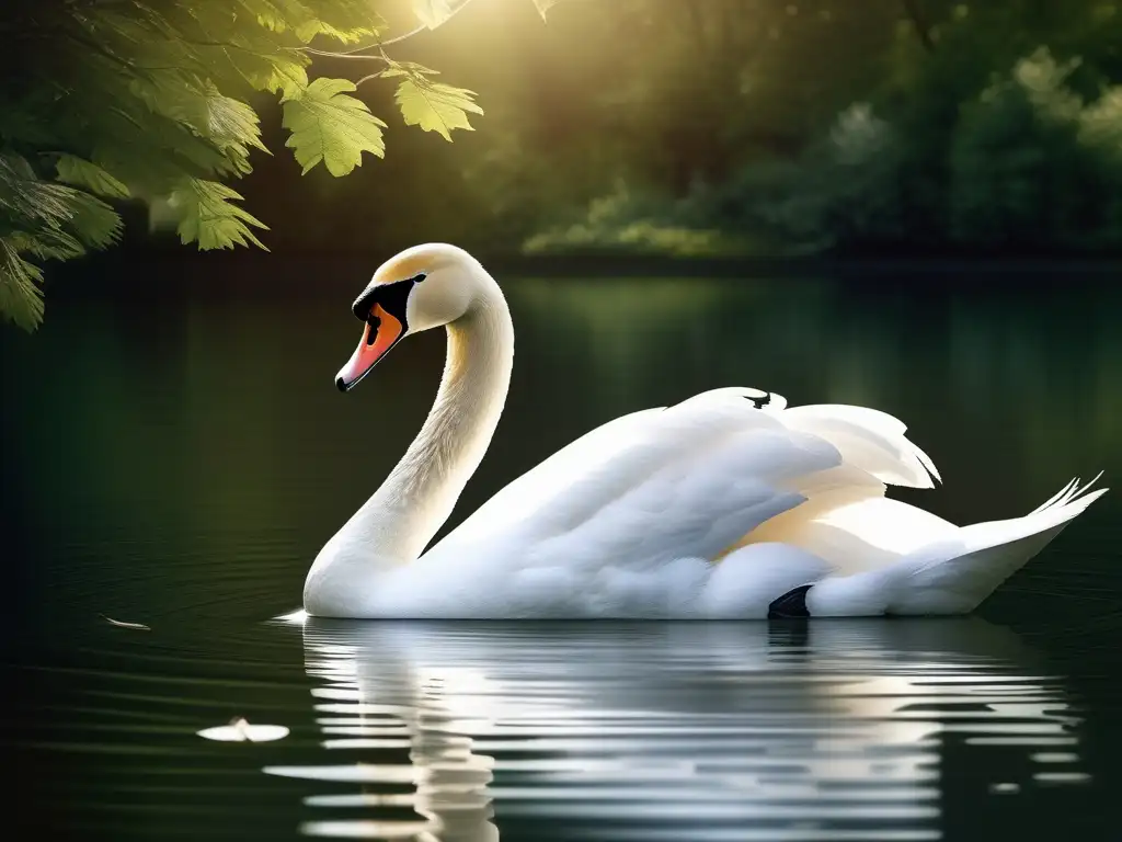 Simbolismo del cisne en Grecia: lago sereno con cisne blanco, reflejo perfecto, belleza eterna y sabiduría