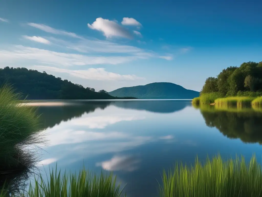 Paisaje sereno y minimalista con lago, naturaleza exuberante y cielo azul