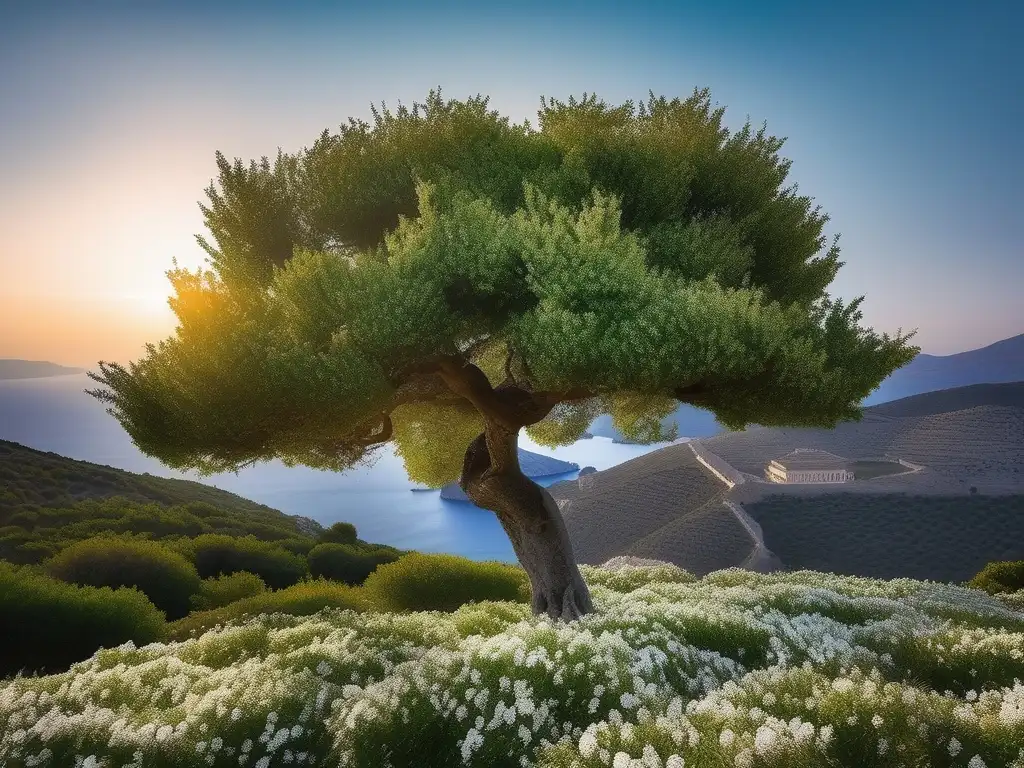 Influencia mitología griega: hermoso laurel en paisaje sereno, hojas verdes y flores blancas simbolizando transformación de Dafne en árbol