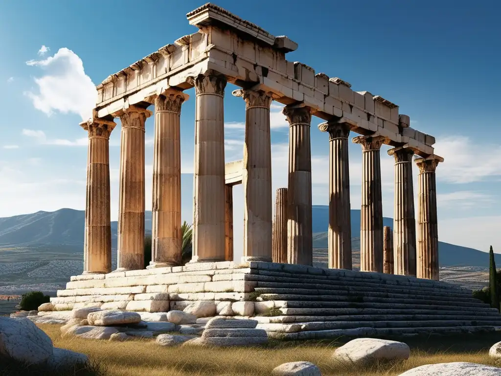 Legado cultural de Corinto en Grecia: Templo de Apollo, paisaje impresionante con columnas corintias y mar cristalino