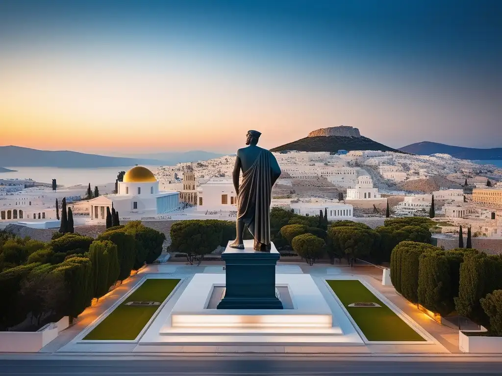 Influencia de la democracia griega en la sociedad moderna Fotografía: Origen de la democracia en Grecia, ciudad antigua y moderna, estatua de un político griego