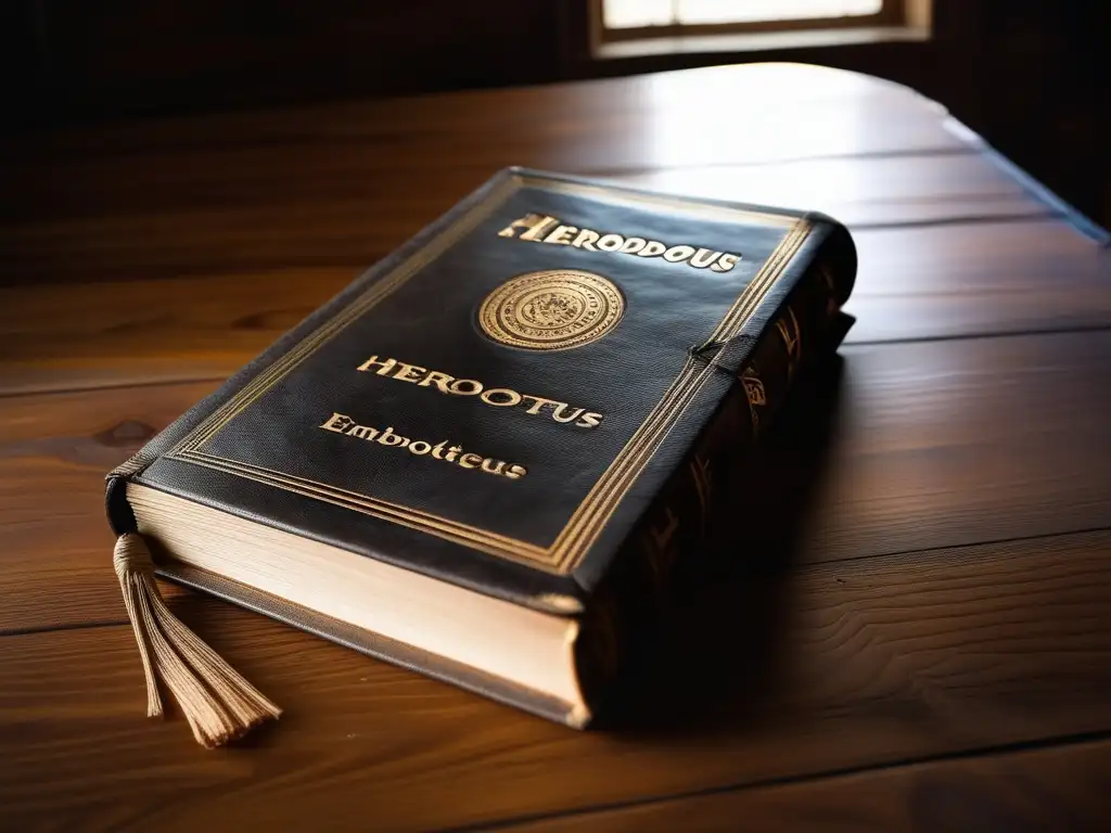 Descubriendo la Antigua Grecia con Herodoto: libro de piel en mesa de madera, iluminado por luz natural