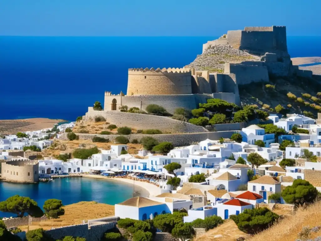 Lindos, joya del Dodecaneso en Grecia, con su impresionante Acropolis, montañas majestuosas y encanto tradicional