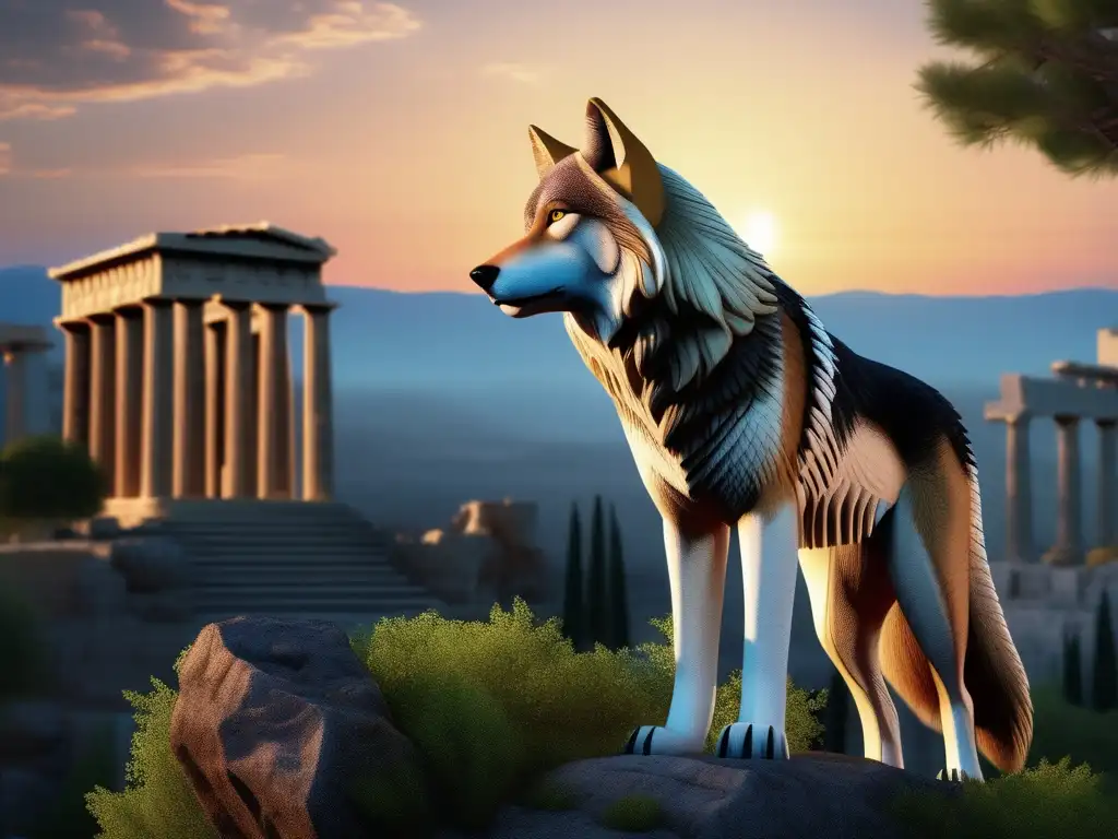 Lobo majestuoso en ruinas griegas: Papel de los Lobos en la Mitología Griega