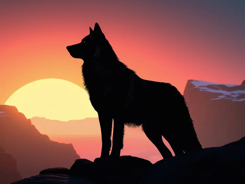 Imagen de un lobo solitario en un acantilado rocoso al atardecer, destacando su belleza y simbolismo en la mitología griega