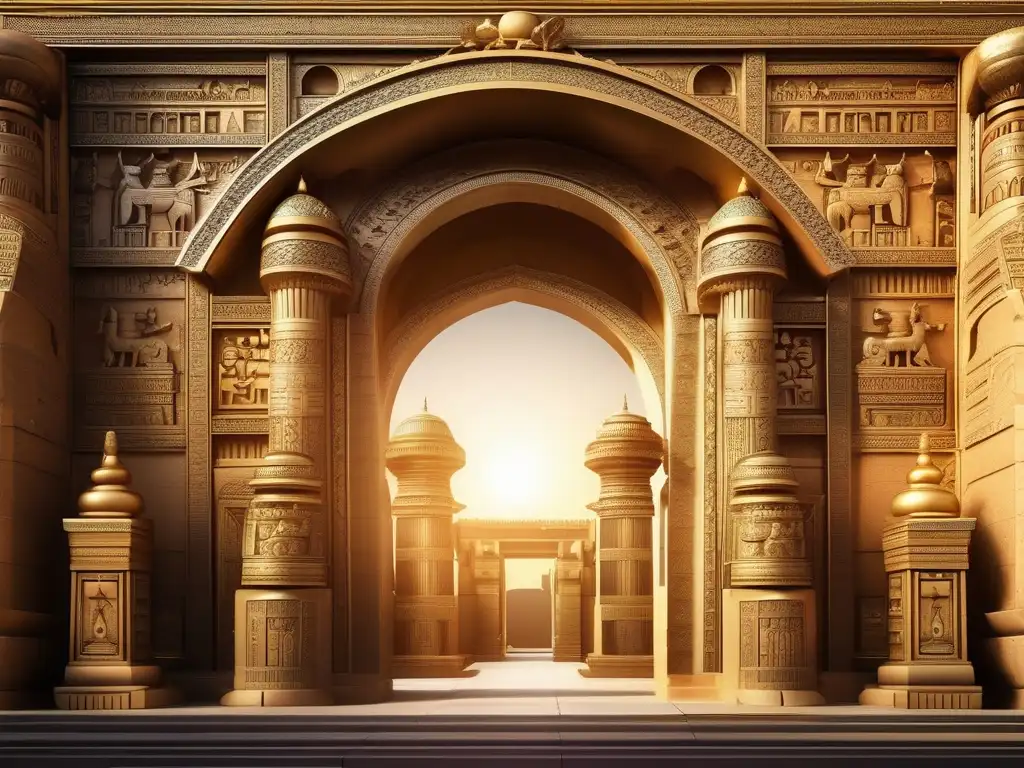 Historia y significado de las puertas de Tebas: Imagen detallada de las siete puertas mitológicas de Tebas, con diseños elaborados y símbolos divinos
