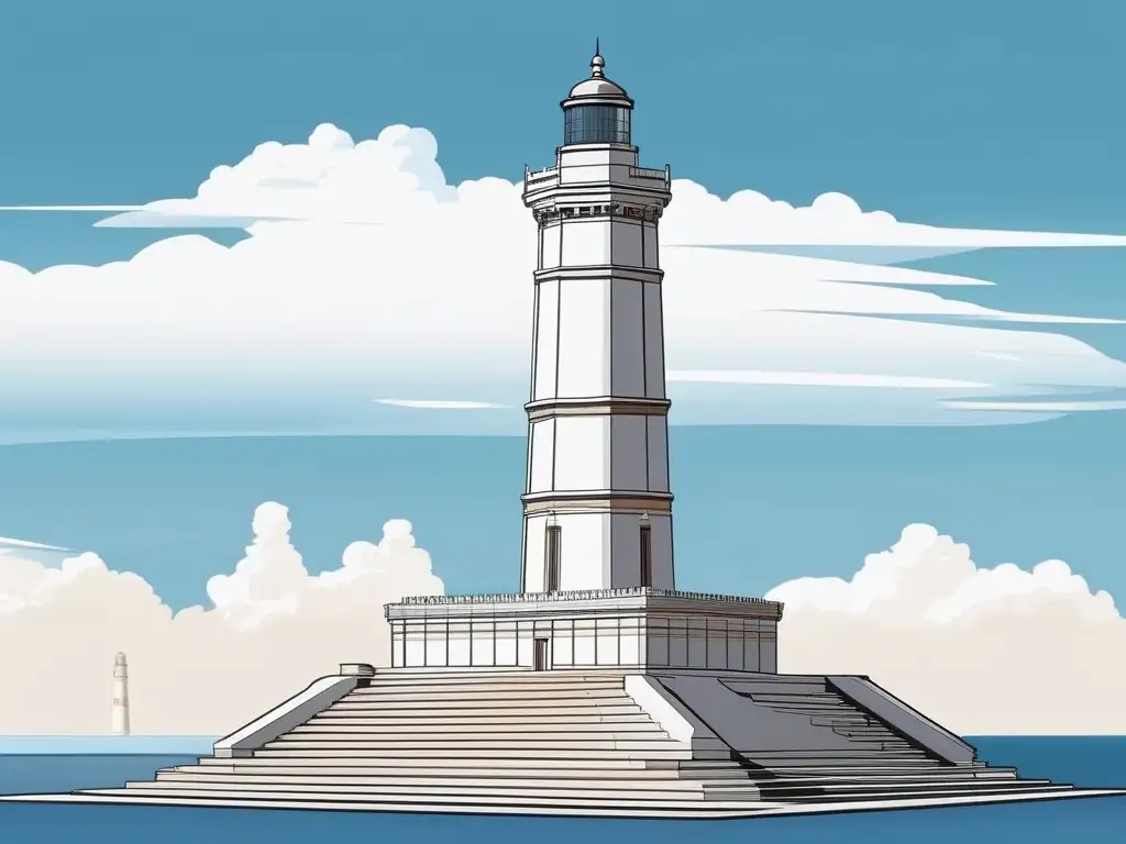 Faro de Alejandría en Grecia, majestuoso y luminoso, evoca la grandeza histórica (110 caracteres)