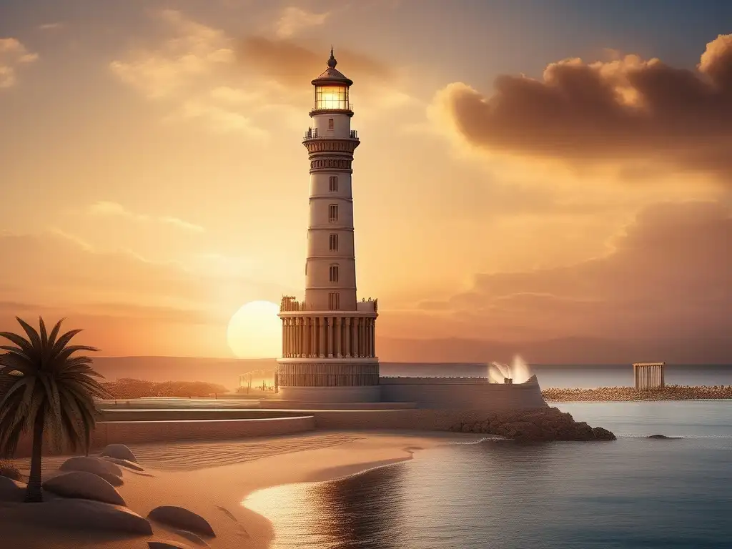 Faro de Alejandría antigua Grecia al atardecer