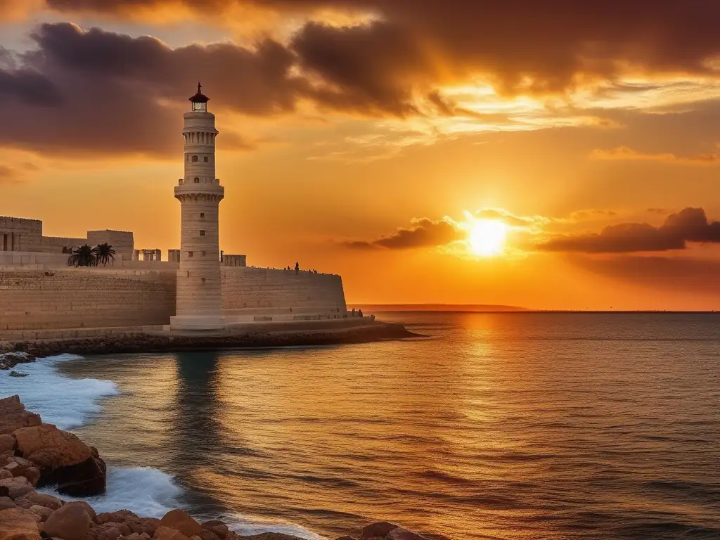 Faro de Alejandría antigua Grecia en gloriosa puesta de sol