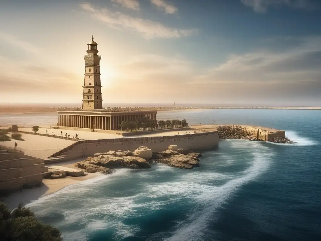 Faro de Alejandría: Estructura y legado - Imagen detallada del antiguo faro de Alexandria, destacando su arquitectura y significado histórico