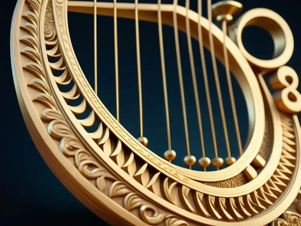 Lyre griega antigua, detalle dorado con criaturas míticas y símbolos celestiales - Compositores y músicos antiguos Grecia