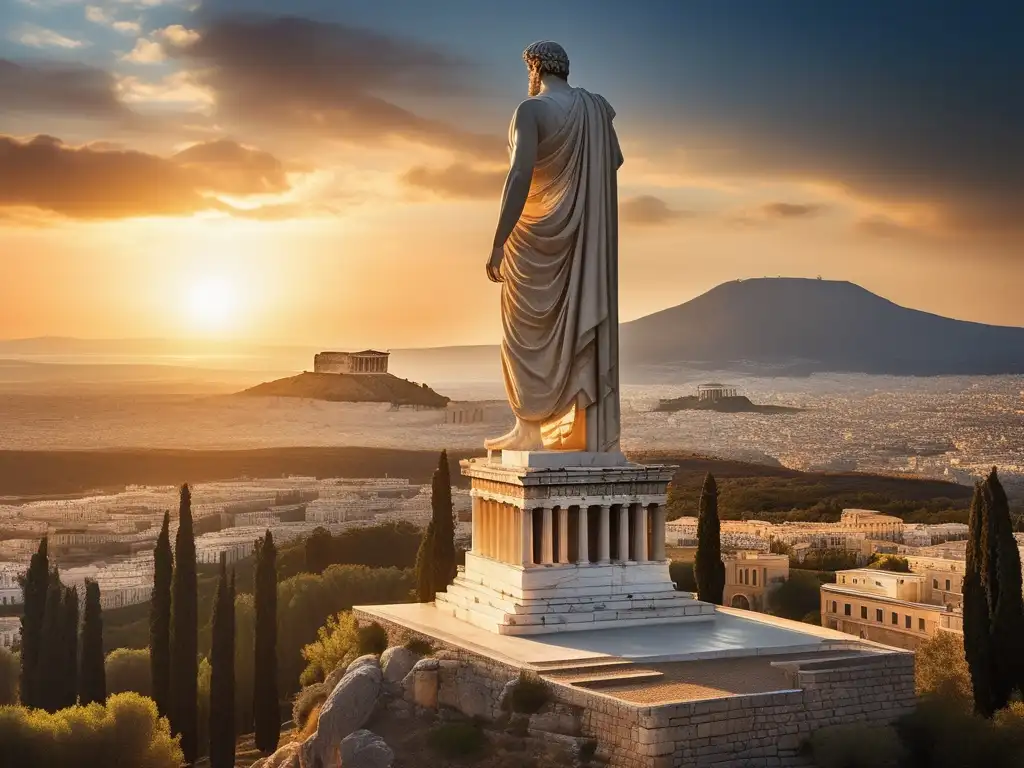 Estatua de filósofo y ciudad antigua, con el Parthenon al atardecer: Importancia de Alejandro Magno en la difusión del griego