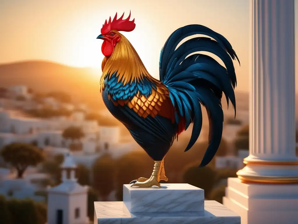 Significado del gallo en Grecia: Rooster en mármol, plumaje vibrante y símbolo del amanecer y renacimiento