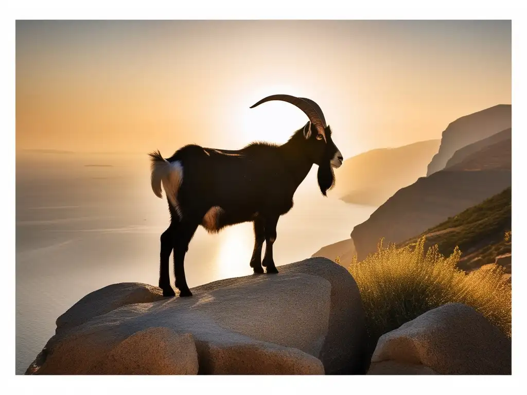 Paisaje griego al atardecer con cabra majestuosa - Significado y simbolismo de la cabra en la Antigua Grecia