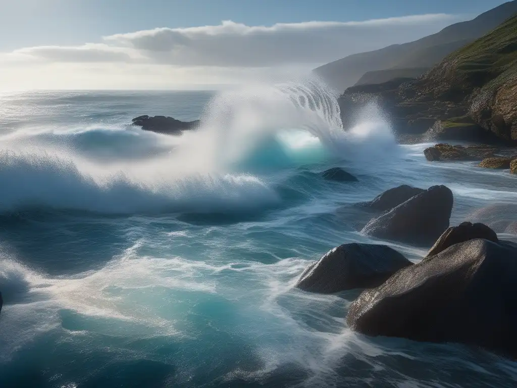 Proteo: anciano del mar y su metamorfosis en un océano majestuoso con olas suaves y una costa rocosa