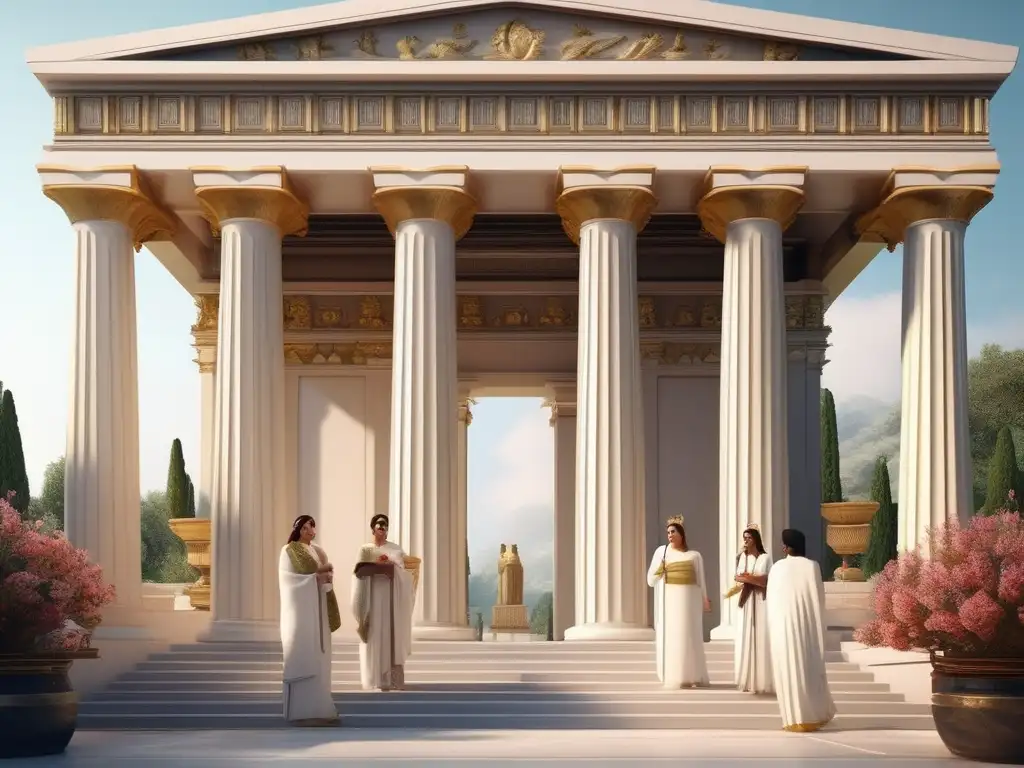 Mujer en la Antigua Grecia: Roles y jerarquías, ceremonia religiosa con templo, naturaleza exuberante y músicos