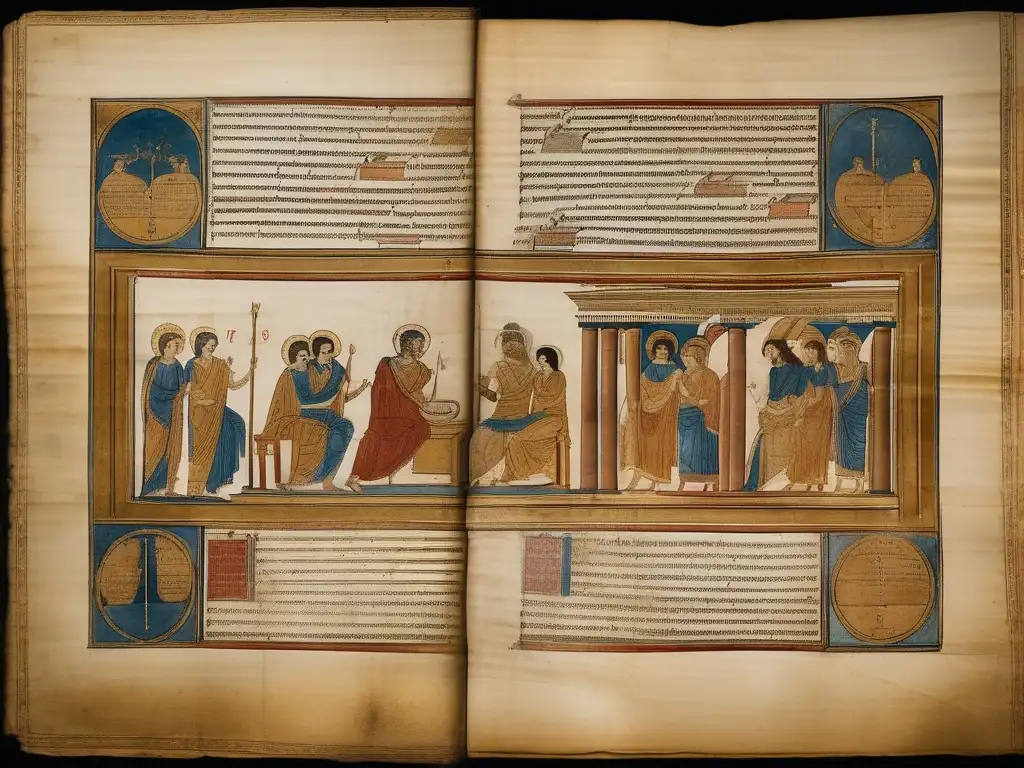 Ilustración detallada en 8k de un antiguo manuscrito médico griego, resaltando avances médicos de la antigua Grecia